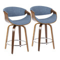Curvini 24" Mid-Century Modern Fixed-Height Counter Stool with Swivel in Walnut Wood and Blue Fabric- Set of 2 — pair view