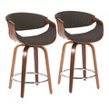 Curvini 24" Mid-Century Modern Fixed-Height Counter Stool with Swivel in Walnut Wood and Charcoal Fabric- Set of 2 — pair view