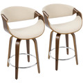 Curvini 24" Mid-Century Modern Fixed-Height Counter Stool with Swivel in Walnut Wood and Cream Fabric- Set of 2 — pair view