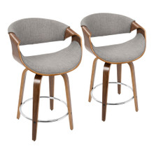 Curvini Mid-Century Modern Counter Stool in Walnut Wood and Light Grey Fabric- Set of 2 — pair view