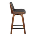 Corazza counter stool in Walnut Wood, Charcoal Fabric, Black Metal, side view, featuring swivel and wood frame