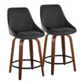 Diana 24" Contemporary Fixed-Height Counter Stool with Swivel in Walnut Wood and Black Faux Leather with Round Black Metal Footrest- Set of 2 — pair view