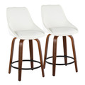Diana 24" Contemporary Fixed-Height Counter Stool with Swivel in Walnut Wood and White Faux Leather with Round Black Metal Footrest- Set of 2 — pair view