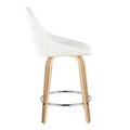 Diana counter stool in Zebra Wood, White PU, Chrome Metal, side view, featuring swivel and wood frame