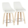 Diana 24" Contemporary Fixed-Height Counter Stool with Swivel in Zebra Wood and White Faux Leather with Round Chrome Metal Footrest- Set of 2 — pair view
