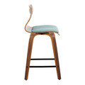 Folia counter stool in Black Metal, Walnut Wood, Teal Fabric, side view, featuring swivel and wood frame