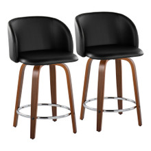 Fran 24" Mid-Century Modern Fixed-Height Counter Stool with Swivel in Walnut Wood and Black Faux Leather with Round Chrome Metal Footrest- Set of 2 — pair view