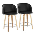 Fran 24" Mid-Century Modern Fixed-Height Counter Stool with Swivel in Zebra Wood and Black Faux Leather with Round Chrome Metal Footrest- Set of 2 — pair view