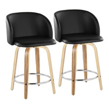 Fran 24" Mid-Century Modern Fixed-Height Counter Stool with Swivel in Zebra Wood and Black Faux Leather with Round Chrome Metal Footrest- Set of 2 — pair view