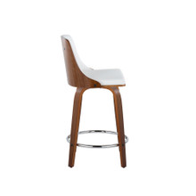 Gianna counter stool in Walnut Wood, Chrome Footrest, White PU, side view, featuring swivel and wood frame