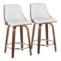 Gianna 24" Mid-Century Modern Fixed-Height Counter Stool with Swivel in Walnut Wood and White Faux Leather with Round Chrome Metal Footrest- Set of 2 — pair view