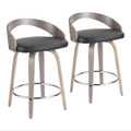 Grotto 24" Contemporary Fixed-Height Counter Stool with Swivel in Light Grey Wood, Chrome Metal Footrest and Black Faux Leather- Set of 2 — pair view