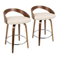 Grotto 25" Mid-Century Modern Fixed-Height Counter Stool with Swivel in Walnut Wood, Chrome Metal Footrest and Cream Faux Leather- Set of 2 — pair view