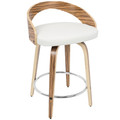 Grotto counter stool in Zebra Wood, White PU, Chrome Metal, product view, featuring swivel and upholstered seat