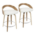 Grotto 24" Mid-Century Modern Fixed-Height Counter Stool with Swivel in Zebra Wood, Chrome Metal Footrest and White Faux Leather- Set of 2 — pair view