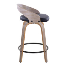 Grotto counter stool in Light Grey Wood, Black Metal, Black PU, side view, featuring swivel and upholstered seat