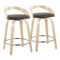 Grotto 24" Contemporary Fixed-Height Counter Stool with Swivel in Natural Wood and Brown Faux Leather with Round Chrome Metal Footrest- Set of 2 — pair view
