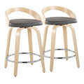 Grotto 24" Contemporary Fixed-Height Counter Stool with Swivel in Natural Wood and Grey Faux Leather with Round Chrome Metal Footrest- Set of 2 — pair view