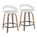 Grotto Upholstered 24" Fixed-Height Contemporary Counter Stool with Swivel in Light Grey Wood and White Faux Leather with Round Black Metal Footrest- Set of 2 — pair view