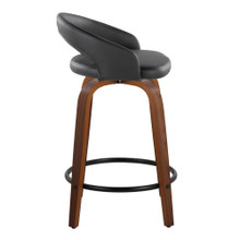 Grotto counter stool in Walnut Wood, Black PU, Black Metal, side view, featuring swivel and wood frame