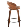 Grotto counter stool in Walnut Wood, Camel PU, Black Metal, side view, featuring swivel and wood frame