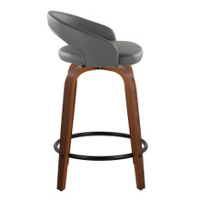 Grotto counter stool in Walnut Wood, Grey PU, Black Metal, side view, featuring swivel and wood frame