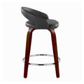 Grotto counter stool in Mahogany Wood, Black PU, Chrome Metal, side view, featuring swivel and upholstered seat