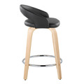 Grotto counter stool in Natural Wood, Black PU, Chrome Metal, side view, featuring swivel and wood frame