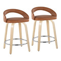 Grotto Upholstered 24" Contemporary Fixed-Height Counter Stool with Swivel in Natural Wood and Camel Faux Leather with Round Chrome Metal Footrest- Set of 2 — pair view