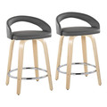 Grotto Upholstered 24" Contemporary Fixed-Height Counter Stool with Swivel in Natural Wood and Grey Faux Leather with Round Chrome Metal Footrest- Set of 2 — pair view