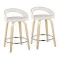 Grotto Upholstered 24" Contemporary Fixed-Height Counter Stool with Swivel in Natural Wood and White Faux Leather with Round Chrome Metal Footrest- Set of 2 — pair view