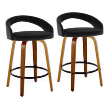 Grotto Upholstered 24" Contemporary Fixed-Height Counter Stool with Swivel in Walnut Wood and Black Velvet with Round Black Metal Footrest- Set of 2 — pair view