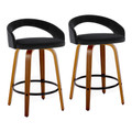 Grotto Upholstered 24" Contemporary Fixed-Height Counter Stool with Swivel in Walnut Wood and Black Velvet with Round Black Metal Footrest- Set of 2 — pair view