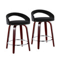 Grotto Upholstered 24" Mid-Century Modern Fixed-Height Counter Stool with Swivel in Mahogany Wood, Chrome Metal Footrest and Black Velvet- Set of 2 — pair view