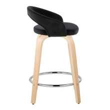 Grotto counter stool in Natural Wood, Black Velvet, Chrome Metal, side view, featuring swivel and wood frame