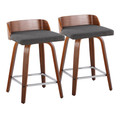 Maya 24" Mid-Century Modern Fixed-Height Counter Stool with Swivel in Walnut Wood and Charcoal Fabric with Square Chrome Metal Footrest- Set of 2 — pair view