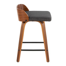 Maya counter stool in Black Metal, Walnut Wood, Charcoal Fabric, side view, featuring swivel and wood frame