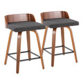Maya 24" Mid-Century Modern Fixed-Height Counter Stool with Swivel in Walnut Wood and Charcoal Fabric with Square Black Metal Footrest- Set of 2 — pair view