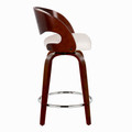 Pino counter stool in Mahogany Wood, White PU, Chrome Metal, side view, featuring swivel and wood frame