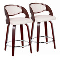 Pino 24" Mid-Century Modern Fixed-Height Counter Stool with Swivel in Mahogany Wood and White Faux Leather with Round Chrome Metal Footrest- Set of 2 — pair view