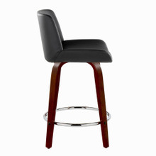 Santi counter stool in Mahogany Wood, Black PU, Chrome Metal, side view, featuring swivel and upholstered seat