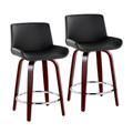 Santi Upholstered 24" Mid-Century Modern Fixed-Height Counter Stool with Swivel in Mahogany Wood, Chrome Metal Footrest and Black Faux Leather- Set of 2 — pair view