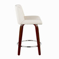 Santi counter stool in Mahogany Wood, White PU, Chrome Metal, side view, featuring swivel and upholstered seat