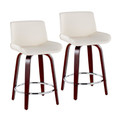 Santi Upholstered 24" Mid-Century Modern Fixed-Height Counter Stool with Swivel in Mahogany Wood, Chrome Metal Footrest and White Faux Leather- Set of 2 — pair view