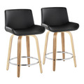 Santi 24" Mid-Century Modern Fixed-Height Counter Stool with Swivel in Zebra Wood and Black Faux Leather with Round Chrome Metal Footrest- Set of 2 — pair view