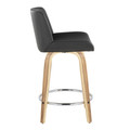 Santi counter stool in Zebra Wood, Chrome Metal, Grey PU, side view, featuring swivel and wood frame