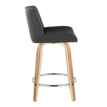 Santi counter stool in Zebra Wood, Chrome Metal, Grey PU, side view, featuring swivel and wood frame