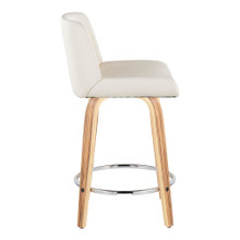 Santi counter stool in Zebra Wood, Chrome Metal, White PU, side view, featuring swivel and wood frame