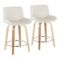 Santi 24" Mid-Century Modern Fixed-Height Counter Stool with Swivel in Zebra Wood and White Faux Leather with Round Chrome Metal Footrest- Set of 2 — pair view