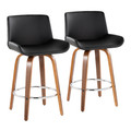 Santi 24" Mid-Century Modern Fixed-Height Counter Stool with Swivel in Walnut Wood and Black Faux Leather with Square Chrome Metal Footrest- Set of 2 — pair view